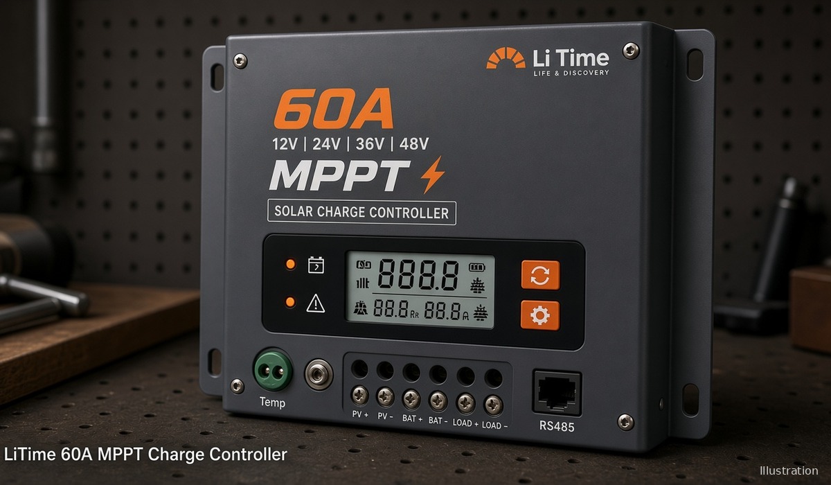 Illustration of LiTime 60A MPPT solar charge controller