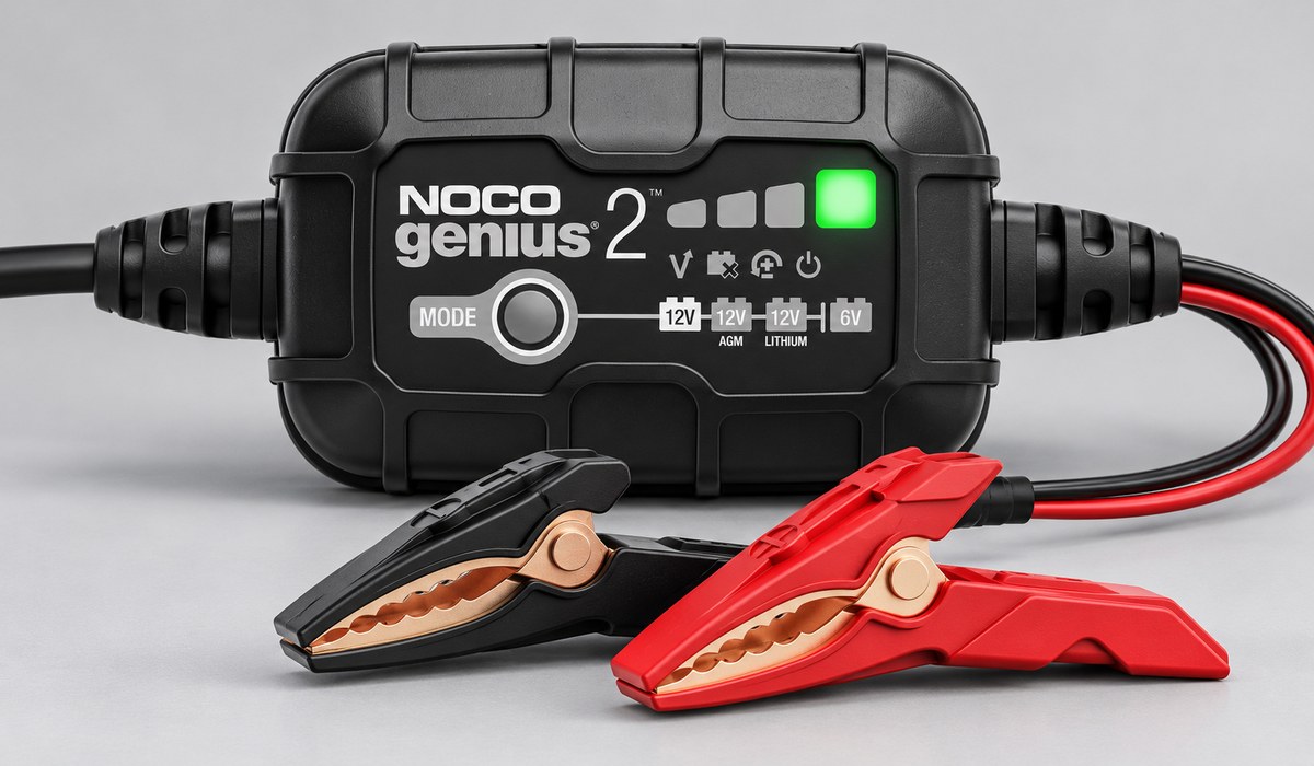 Tool Bin Finds AI-generated product visualization of the NOCO GENIUS2 charger with its red and black charging clamps